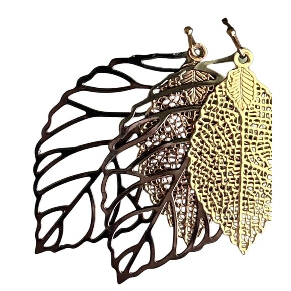 Gold & Black Teardrop Earrings & Leaf Dangle Earrings Set By Ann Taylor - Picture 4 of 6